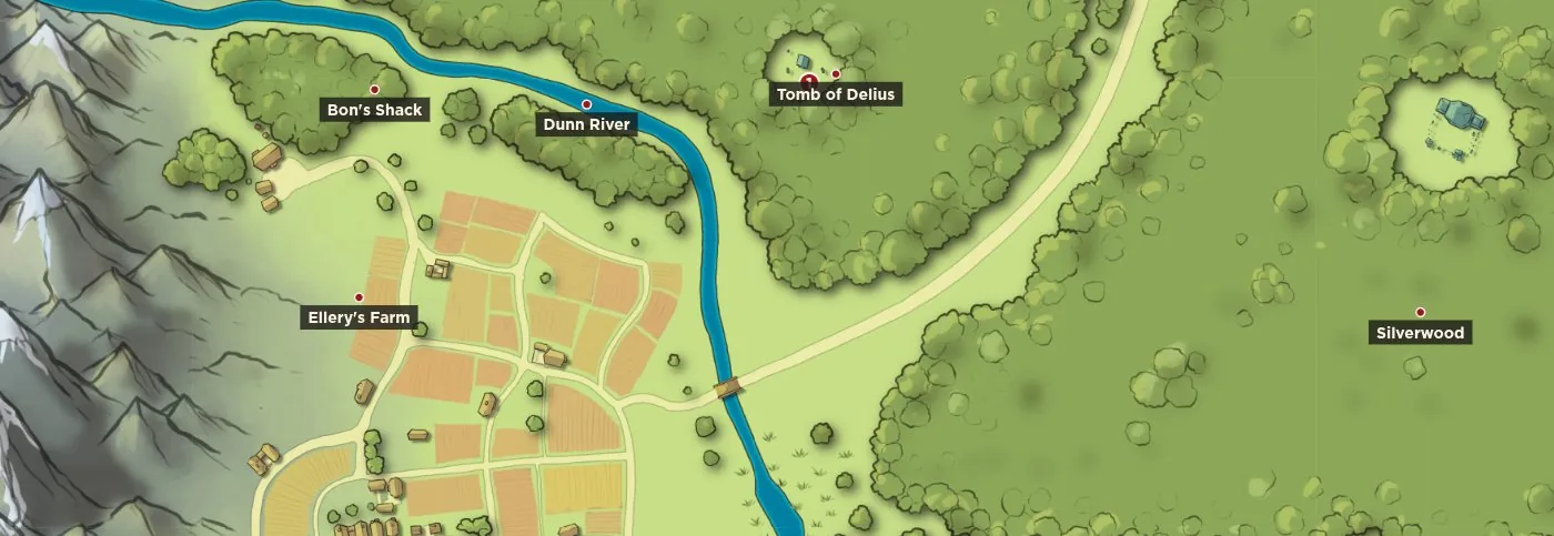 A campaign map with pins placed on villages, a river, a tomb and a farm, and a journey bar beneath it